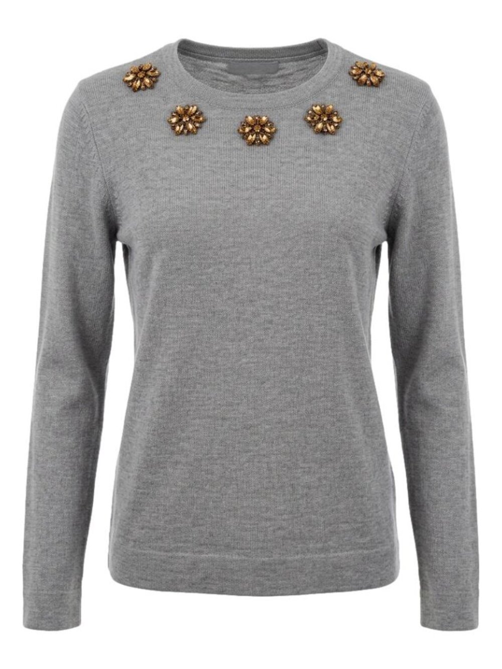 Escada Gray Crewneck Sweater with Gold Floral Appliqués